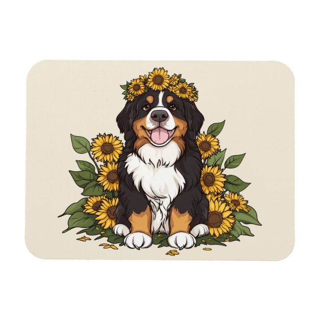 Süßer Berner Sennenhund mit Sonnenblumenkrone Magnet (Horizontal)