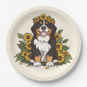 Süßer Berner Sennenhund mit Sonnenblumenkrone Pappteller