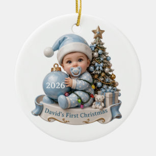 Süßer blauer 3D-Baby-Junge 1. Weihnachtsbaumschmuc Keramik Ornament