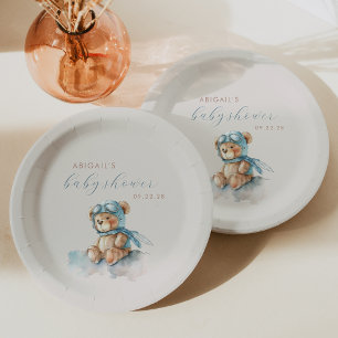 Süßer blauer Aquarell-Teddybär-Junge-Baby-Party Pappteller