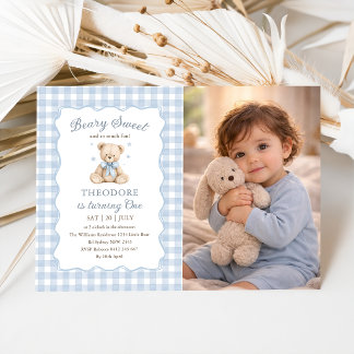 Süßer blauer Ballon-Geburtstags-Teddy-Foto Einladung