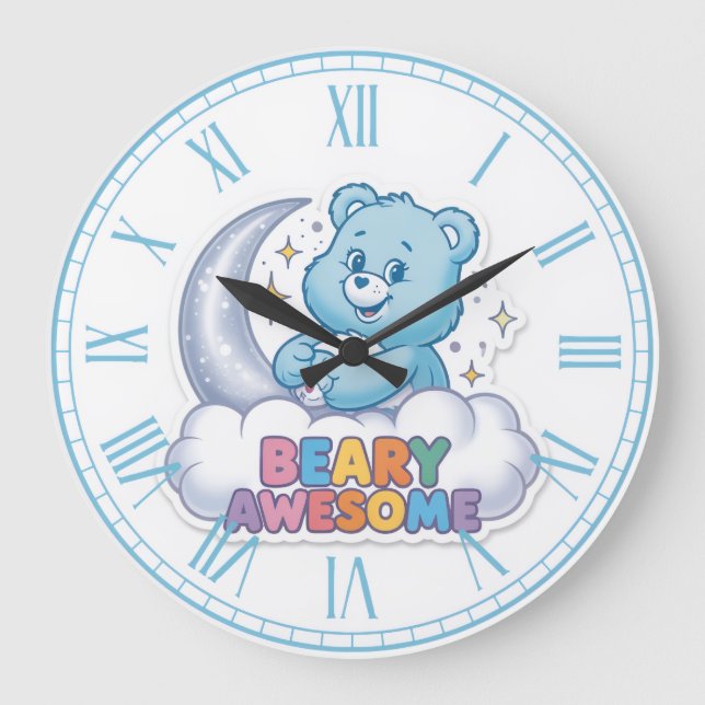 Süßer blauer Bären Mond & Sterne "Beary Awesome" K Große Wanduhr (Vorderseite)