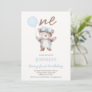 Süßer blauer brauner Beary erster Geburtstag Bär G Einladung