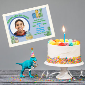 Süßer blauer Dinosaurier mit Bild-Geburtstag Einladung