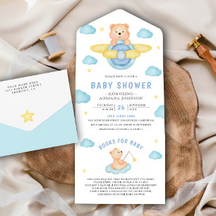 Süßer blauer Flugzeug-Junge-Teddybär-Baby-Party All In One Einladung