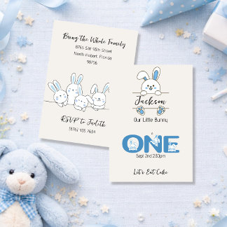Süßer blauer Häschen-Junge zum ersten Geburtstag Einladung