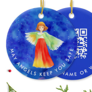 Süßer blauer Schutzengel-Website-QR-Code scannbar Keramik Ornament