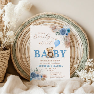 Süßer blauer Teddybär Baby Shower Pampas Floralien Einladung