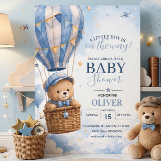 Süßer blauer Teddybär Heißluftballon Babyparty Einladung