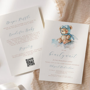 Süßer blauer Teddybär QR-Code Jungen-Baby-Party Einladung