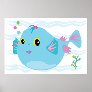 Süßer blauer tropischer Fisch mit rosafarbenen Flo Poster