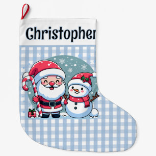 Süßer blauer und weißer Gingham-Weihnachtsmann und Großer Weihnachtsstrumpf
