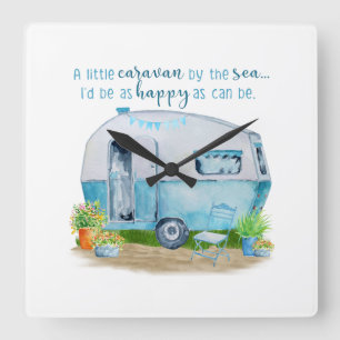 Süßer blauer Vintage-Retro-Camper-Wohnwagen Quadratische Wanduhr