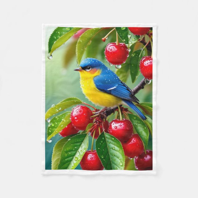 Süßer blauer Vogel und Kirschen Wurfdecke Fleecedecke (Vorderseite)