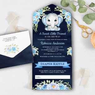 Süßer Blumen-Elefant Marineblaue Babyparty All In One Einladung