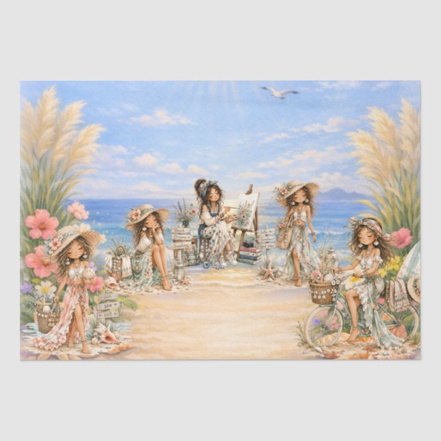 Süßer Boho-Stil Mädchen-Strand-Szene-Decoupage Seidenpapier (Vorderseite)