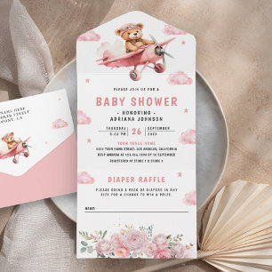 Süßer Boho-Teddybär Rosa Flugzeug-Baby-Party All In One Einladung