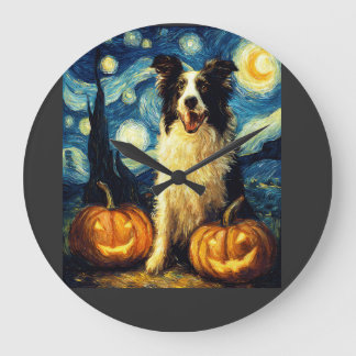 Süßer Border Collie Hund Halloween Jack O Lantern Große Wanduhr