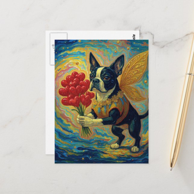 Süßer Boston Terrier mit Herzen Postkarte (Vorderseite/Rückseite Beispiel)