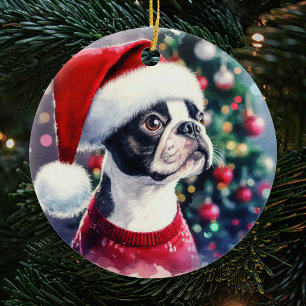 Süßer Boston-Terrier-Wasserfarben-Weihnachten Keramik Ornament