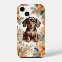 Süßer brauner Dachshund-Welpe Pfirsich-Blumenmuste