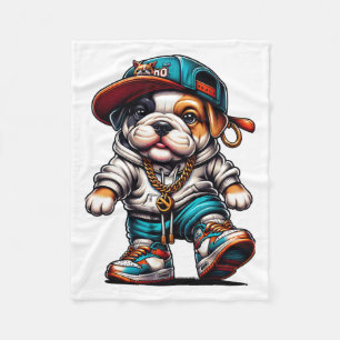 Süßer Bulldoggen-Welpe im Streetwear-Outfit Fleecedecke