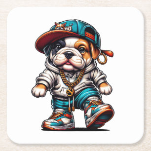Süßer Bulldoggen-Welpe im Streetwear-Outfit Rechteckiger Pappuntersetzer