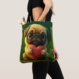 Süßer bunter Mops-Hund-Welpe mit einem Herzen  