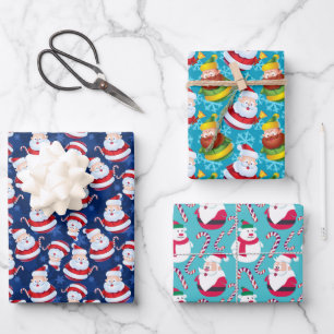 Süßer bunter Weihnachtsmann und Schneemänner Geschenkpapier Set