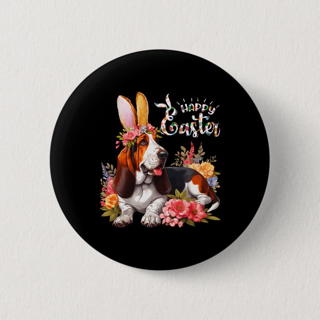 Süßer Bysset-Hund mit Hasenohren und Blumen  Button (Vorderseite)