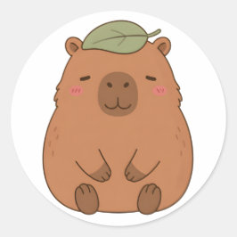 Süßer Capybara-Aufkleber mit grünem Blatt auf dem  Runder Aufkleber