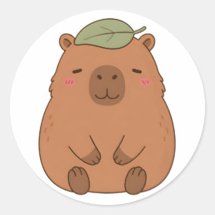Süßer Capybara-Aufkleber mit grünem Blatt auf dem Runder Aufkleber