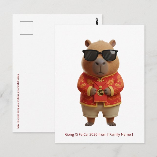 Süßer Capybara Chinesisches Neujahr 2026 Benutzerd Postkarte (Vorne/Hinten)