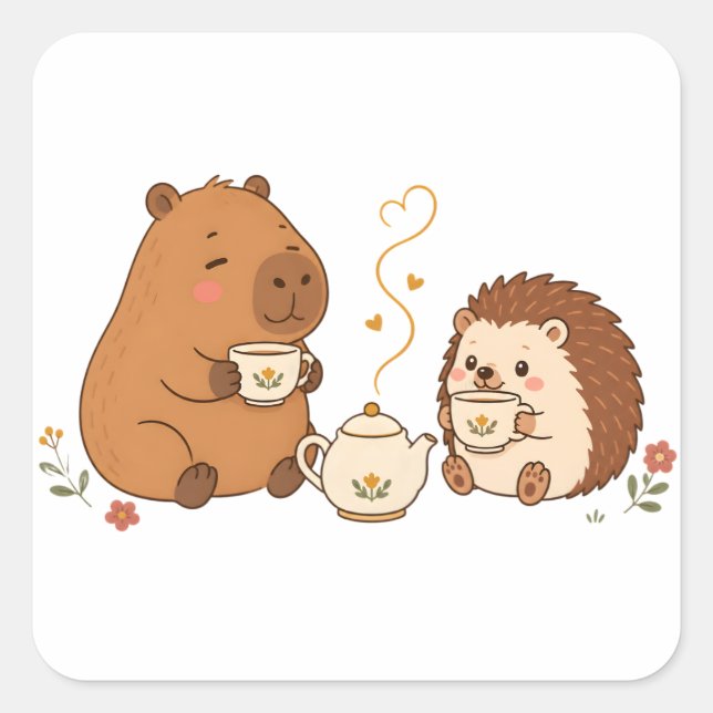 Süßer Capybara-Igel-Teezeit-Freunde-Aufkleber Quadratischer Aufkleber (Vorderseite)
