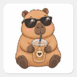 Süßer Capybara-Kaffeeliebhaber-Kawaii-Aufkleber Quadratischer Aufkleber