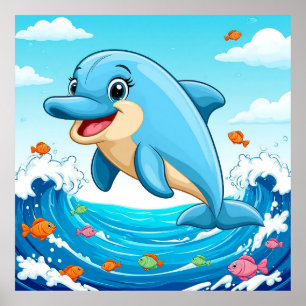 Süßer Cartoon-Delfin plantscht im Wasser Poster