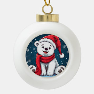 Süßer Cartoon-Eisbär mit Weihnachtsmannmütze Keramik Kugel-Ornament