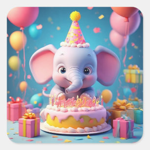 Süßer Cartoon-Elefant feiert Geburtstag Quadratischer Aufkleber