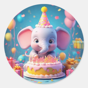 Süßer Cartoon-Elefant feiert Geburtstag Runder Aufkleber