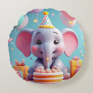 Süßer Cartoon-Elefant feiert Geburtstag Rundes Kissen