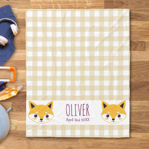 Süßer Cartoon-Fuchskopf Gingham Name Geburt Fleecedecke