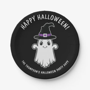 Süßer Cartoon-Geist mit Hexenhut Halloween Pappteller