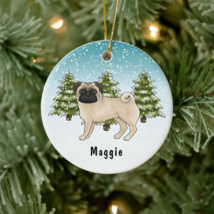 Süßer Cartoon-Hund mit Rehfarbenem Pug-Fell im bla Keramik Ornament