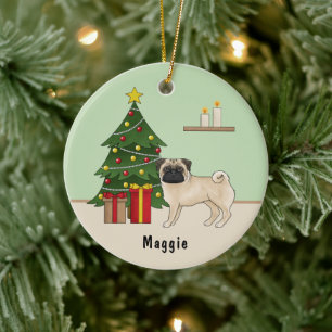 Süßer Cartoon-Hund mit Weihnachtsbaum im Rehfarben Keramik Ornament