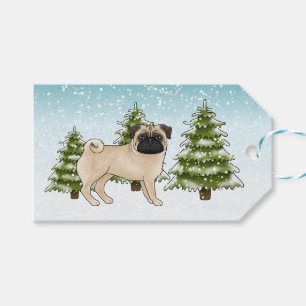 Süßer Cartoon-Hund Reh-Pug im schneebedeckten Wint Geschenkanhänger