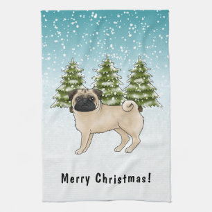 Süßer Cartoon-Hund Reh-Pug im schneebedeckten Wint Geschirrtuch