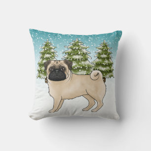 Süßer Cartoon-Hund Reh-Pug im schneebedeckten Wint Kissen
