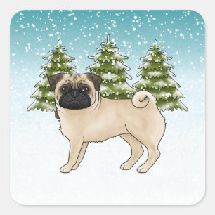 Süßer Cartoon-Hund Reh-Pug im schneebedeckten Wint Quadratischer Aufkleber