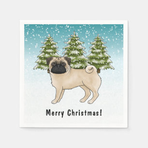 Süßer Cartoon-Hund Reh-Pug im schneebedeckten Wint Serviette