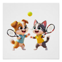 Süßer Cartoon-Hund und -Katze spielen Padel-Tennis